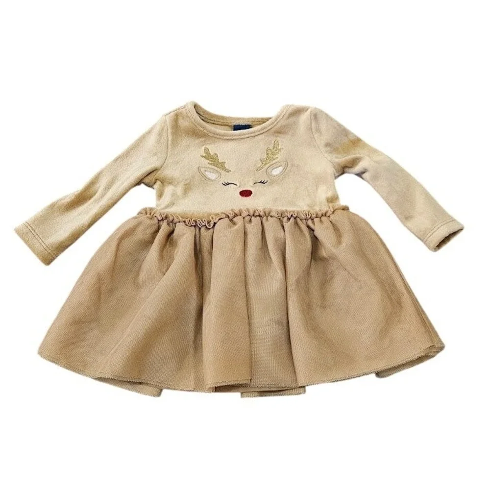Old Navy Baby Girl Reindeer Velour Tulle Holiday Dress Tan Gold 0-3M Christmas